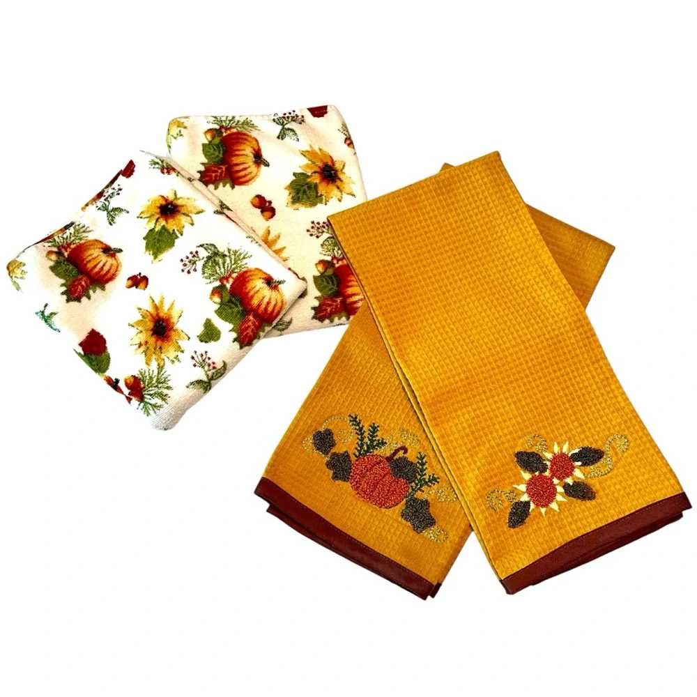 Vintage Fall Autumn Thanksgiving Soft Plush & Embroidered Stitched Hand Towels